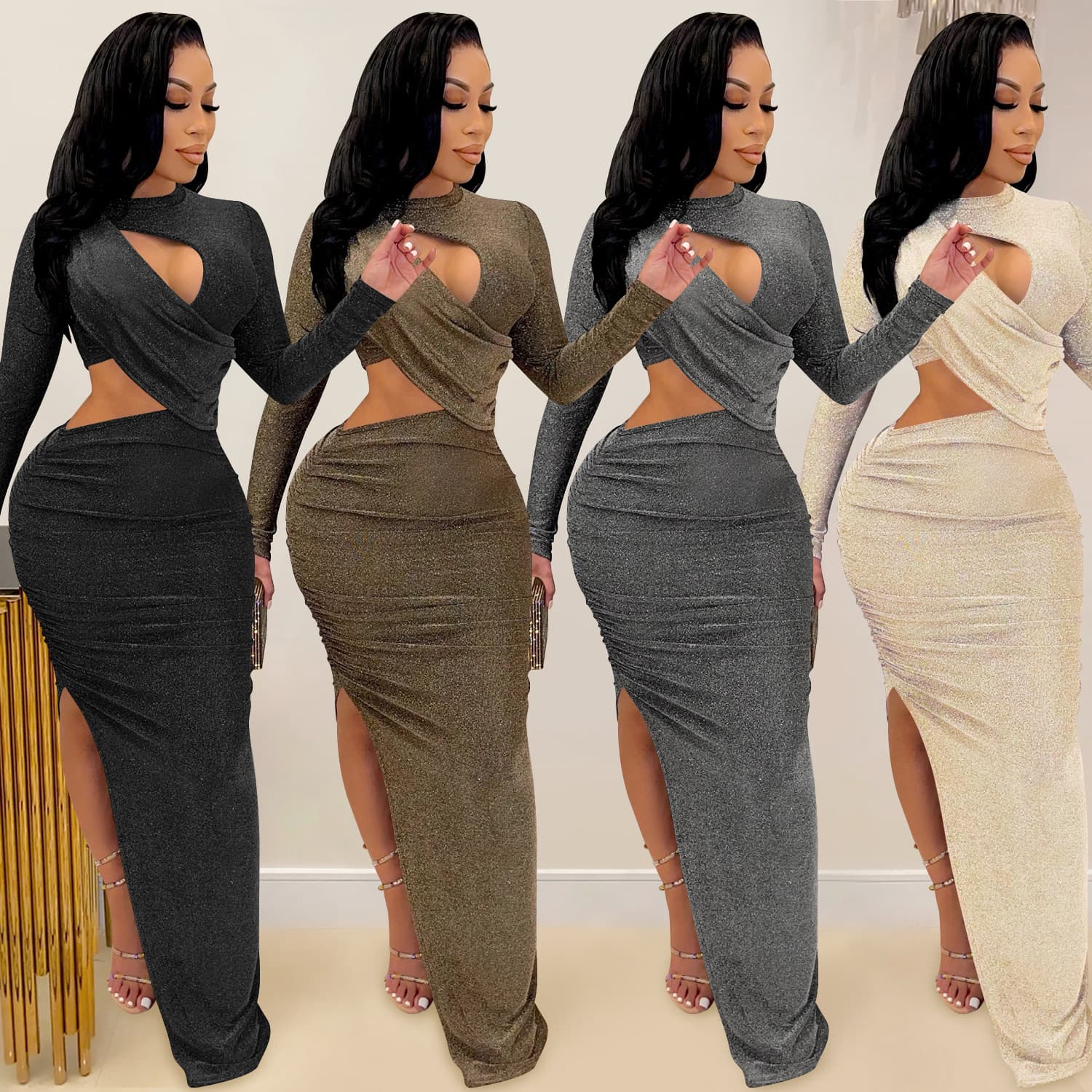 Vestido feminino de manga comprida com fenda vazada 3