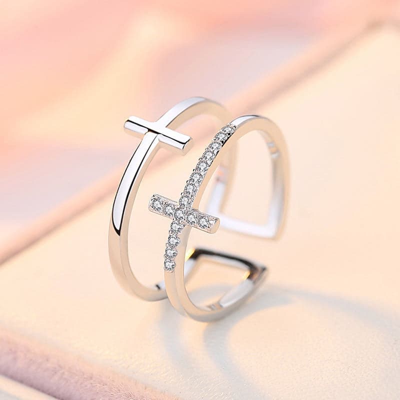 Double Cross Miniature Copper Inlaid Zircon Anel