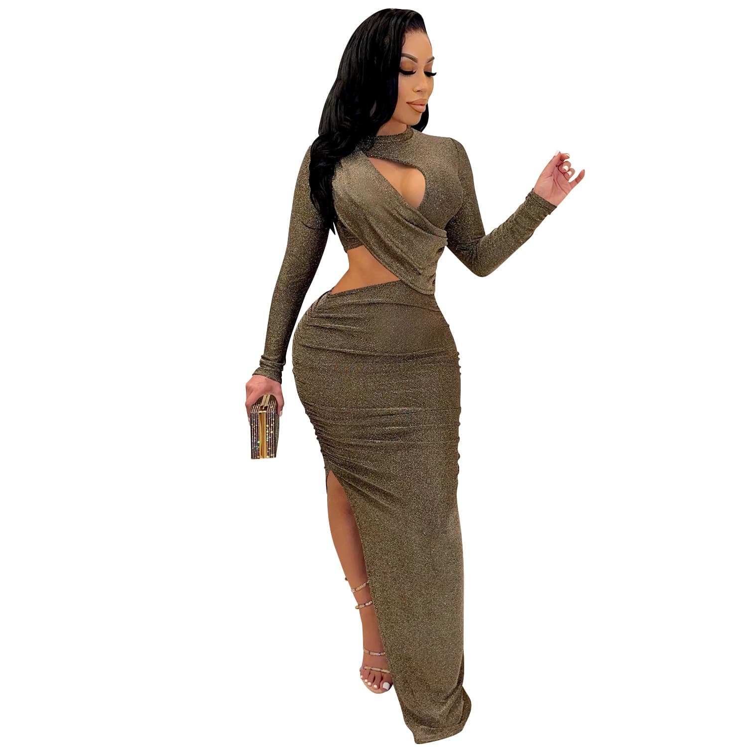 Vestido feminino de manga comprida com fenda vazada 5