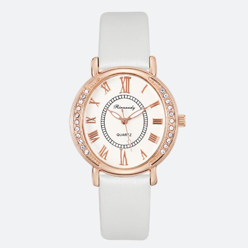Pulseira feminina de couro com quartzo e strass incrustados.