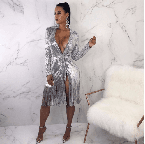 Vestido Longo Sexy Com Decote Em V Profundo