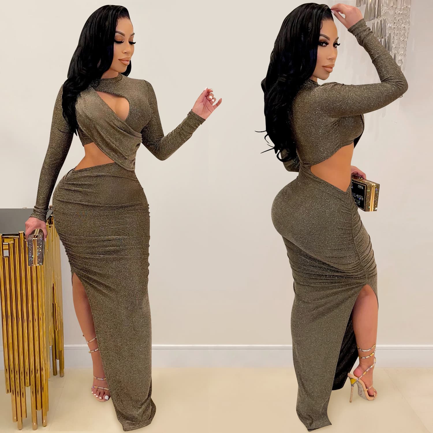 Vestido feminino de manga comprida com fenda vazada 8