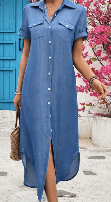 Vestido longo estilo camisa jeans para o verão feminino 2