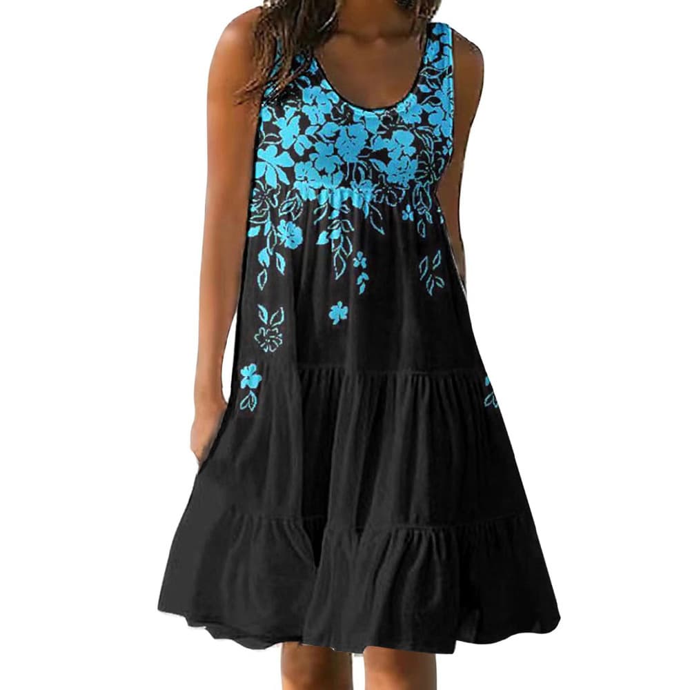 Vestido feminino com estampa floral, gola redonda, sem mangas, modelagem solta, ideal para festas e praia. 4