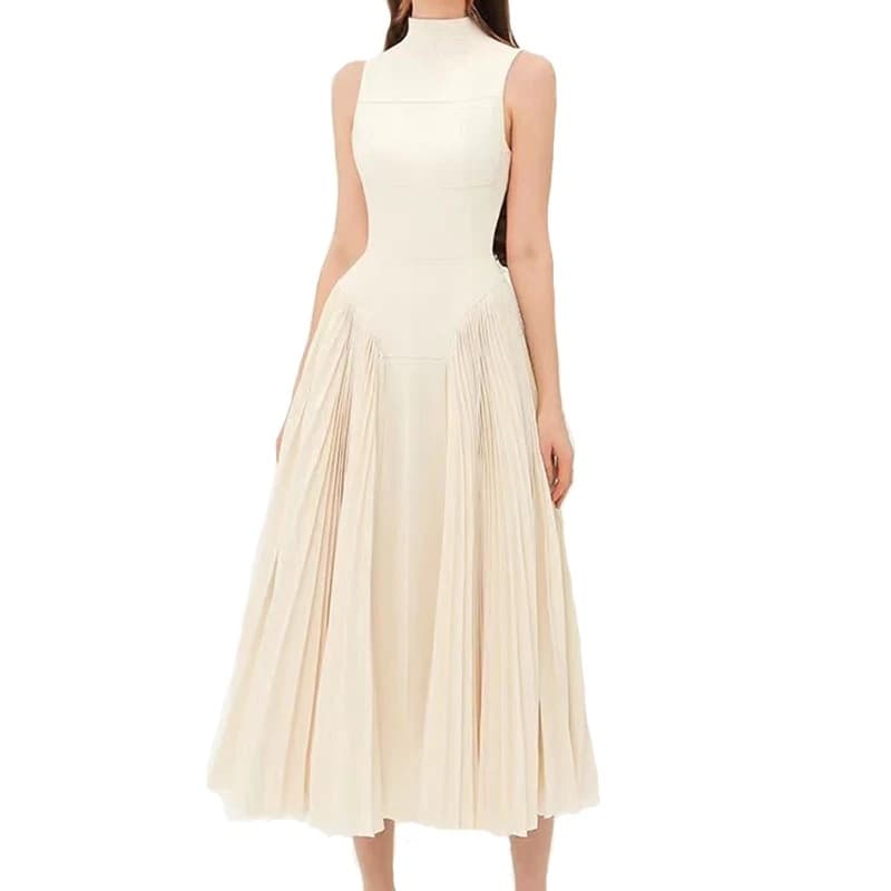 Vestido elegante de outono com gola alta, estilo ligeiramente maduro, com pregas e patchwork que afinam a cintura.