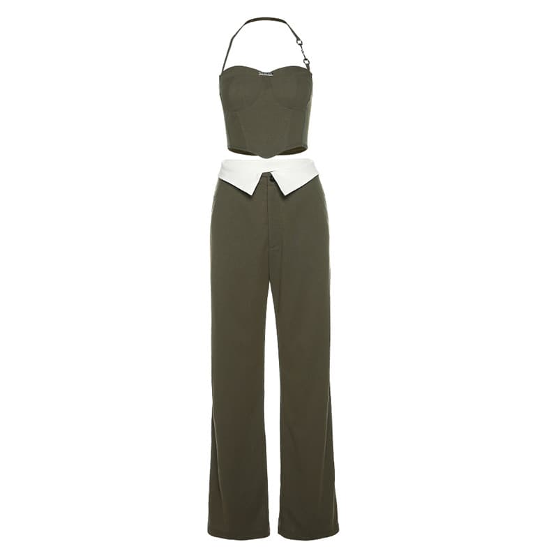 Conjunto feminino de cor sólida, com colete slim, calça pantalona de cintura alta e modelagem ampla. 5