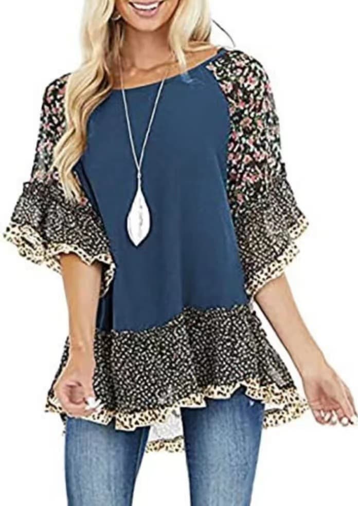 Camiseta Feminina Com Mangas Bufantes E Estampa Floral De Leopardo Em Blocos De Cores. 7