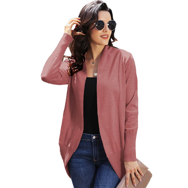 Cardigã feminino de cor sólida, em imitação de algodão, comprimento médio e mangas compridas. 8