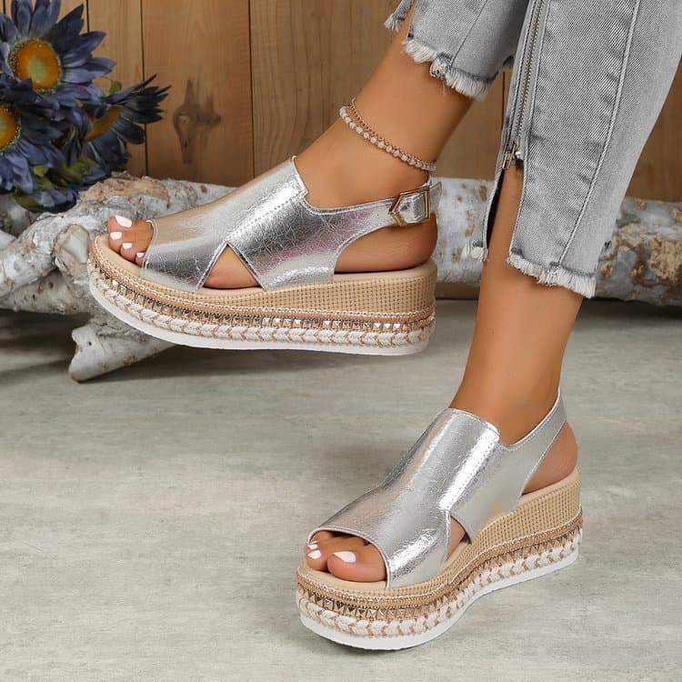SandáLias De VerãO Brilhantes Com Design Vazado, Estilo Bico De Peixe, Para Mulheres. Sapatos De Salto Plataforma Com Fivela.