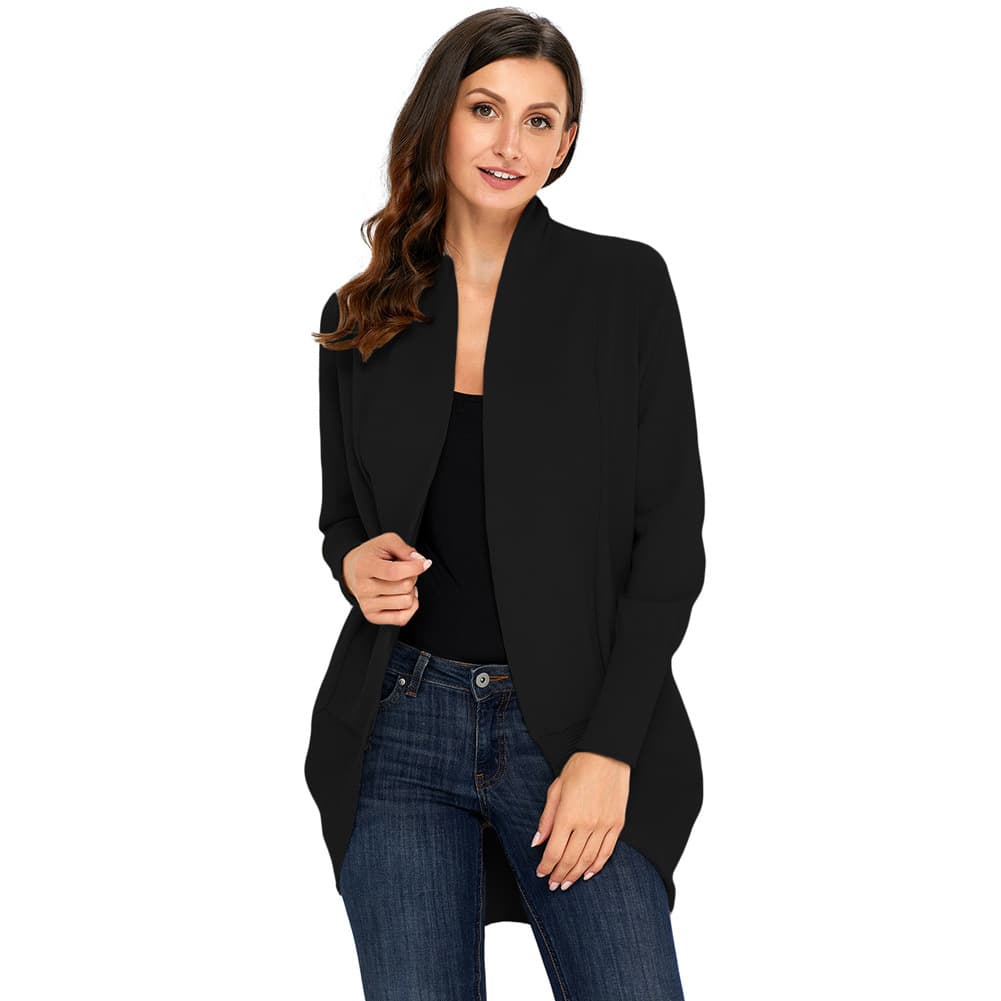 Cardigã feminino de cor sólida, em imitação de algodão, comprimento médio e mangas compridas. 9