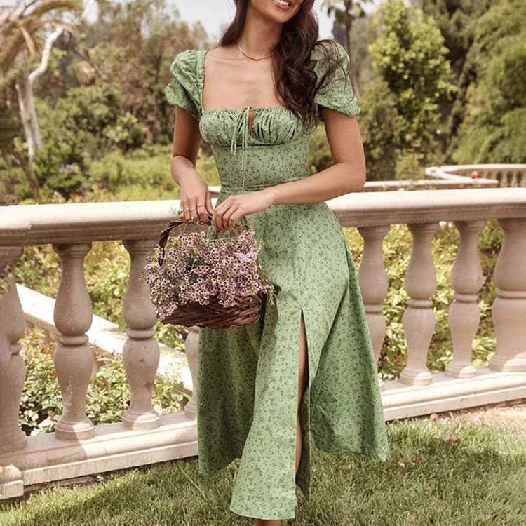 Vestido longo feminino de verão com estampa floral, sexy e para festas, com mangas curtas bufantes. 12