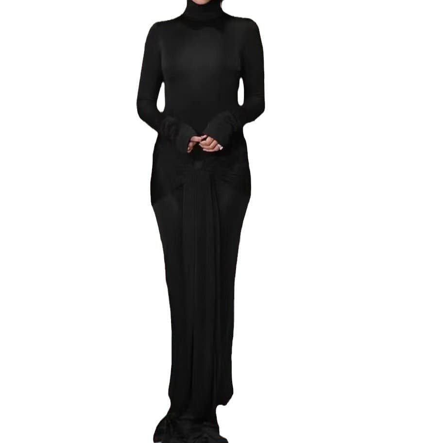 Vestido de gola alta, cor sólida, com amarração nas costas. 5