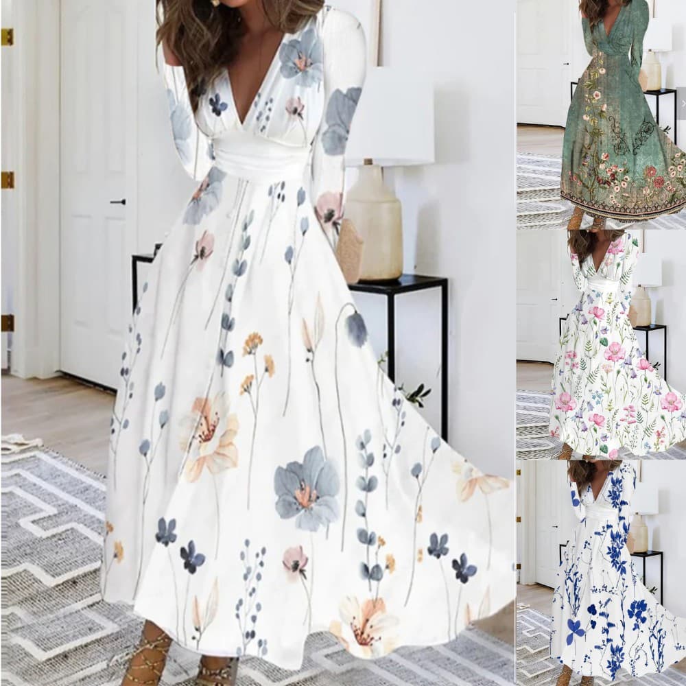 Vestido feminino estampado de manga comprida com decote em V para o outono. 5