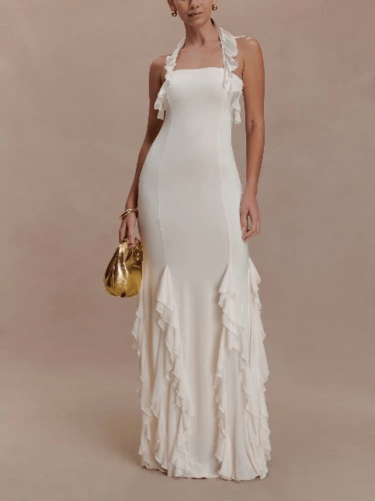Vestido de festa sexy, moderno, liso, com decote halter, babados e costas abertas para mulheres. 2