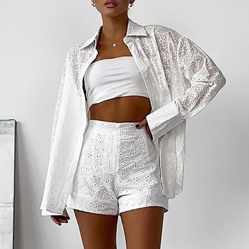 Conjunto feminino de duas peças com camisa e shorts em jacquard folgado 3