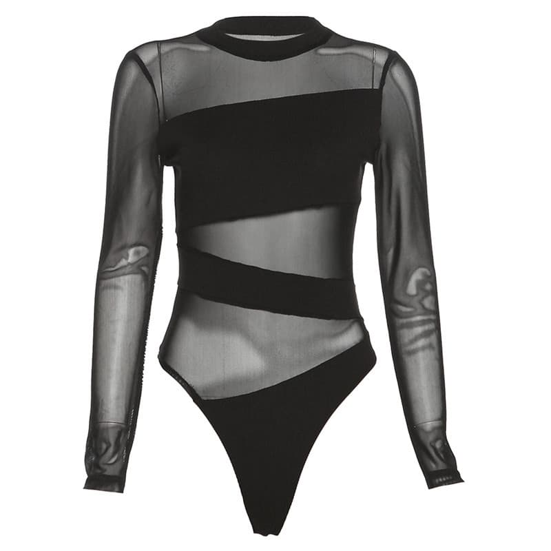 Camiseta feminina preta transparente de manga comprida em malha 2
