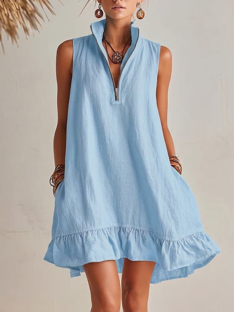 Novo Vestido Casual Elegante, Solto, Com Meio ZíPer E Sem Mangas, Com Barra Franzida.