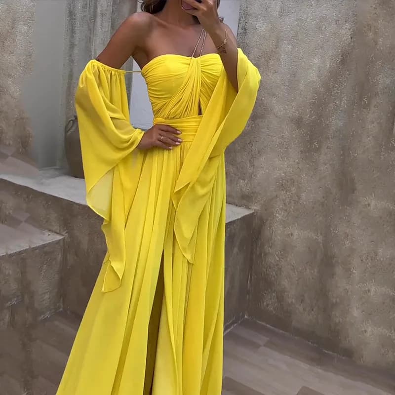 Vestido longo feminino com decote tomara que caia e mangas compridas 4