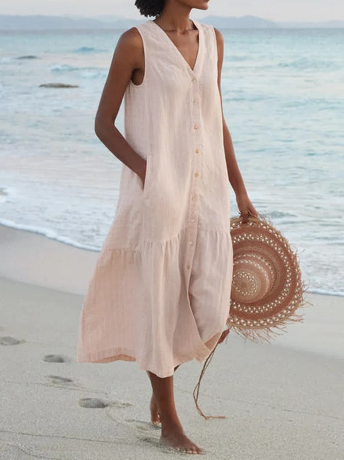 Vestido Longo Feminino De AlgodãO Puro Com AlçAs Finas E Modelagem Elegante.