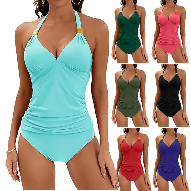 BiquíNi Feminino De Duas PeçAs Com AmarraçãO No PescoçO E Decote Halter Em Cor Lisa.