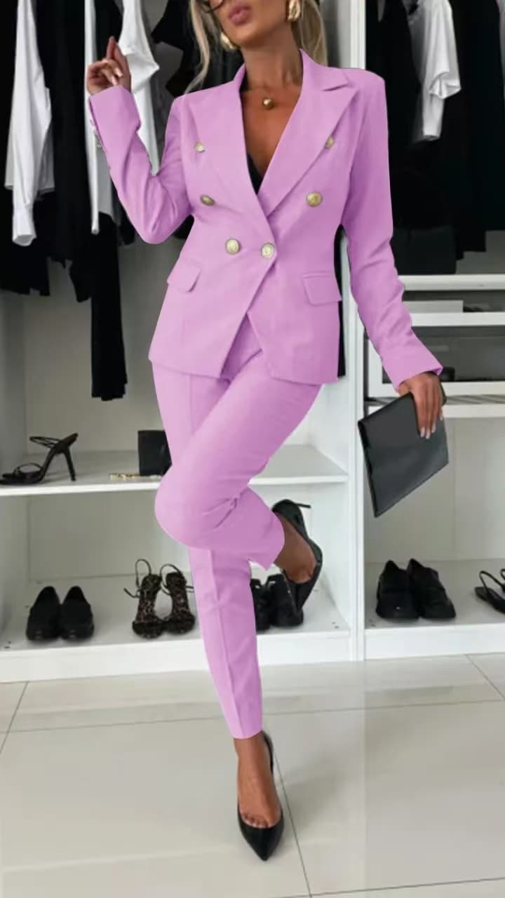 Conjunto Casual Feminino Com Blazer, Paletó De Lapela Fina E Abotoamento Duplo, CalçA Com ZíPer.