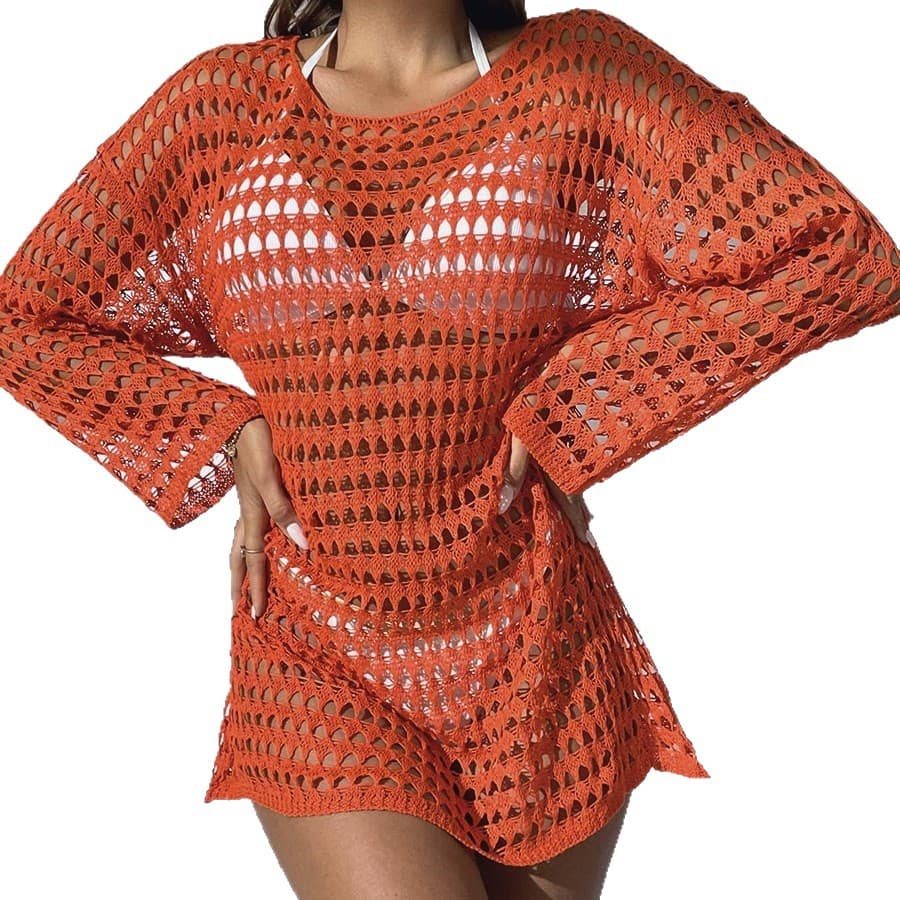 Vestido De Praia Feminino Sexy Em Tricô Com Decote Redondo Vazado.