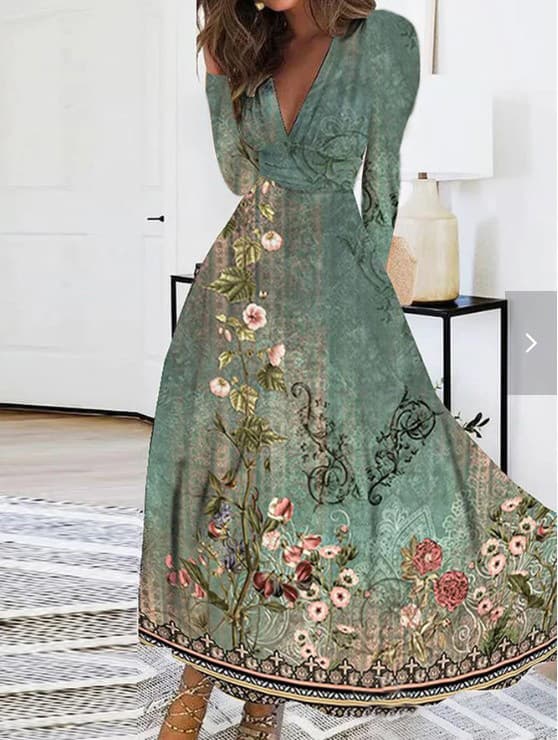 Vestido feminino estampado de manga comprida com decote em V para o outono. 9