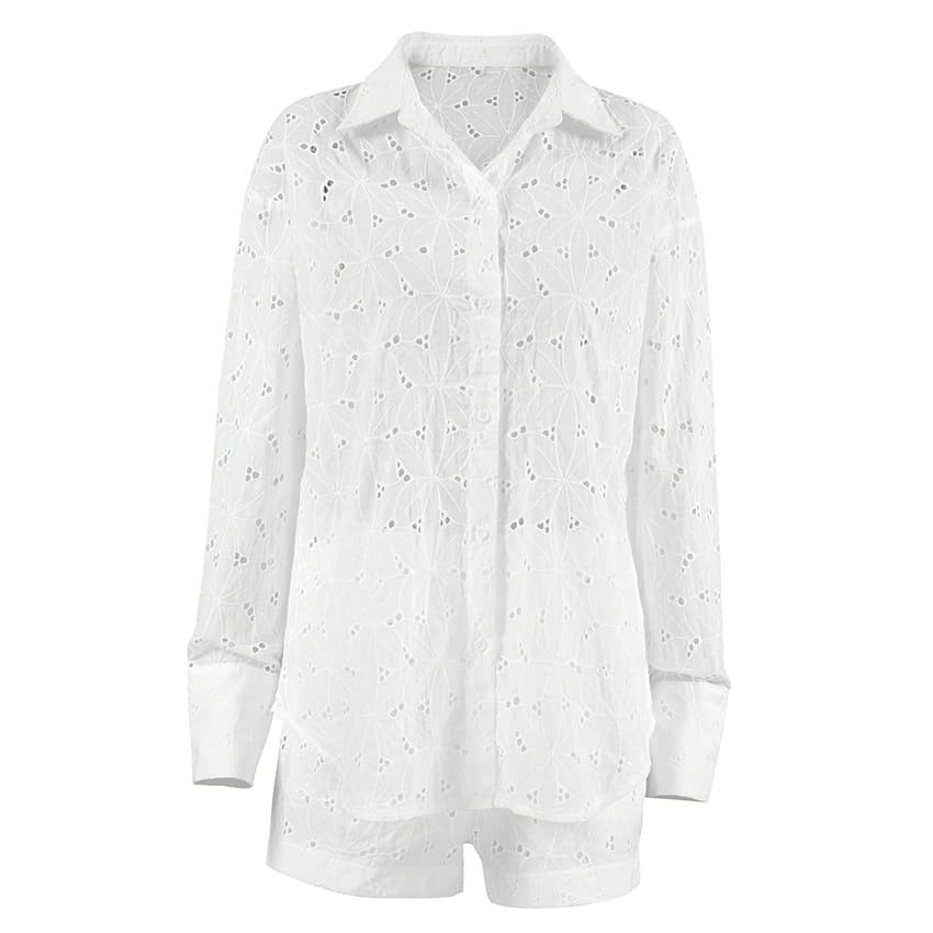 Conjunto feminino de duas peças com camisa e shorts em jacquard folgado 5