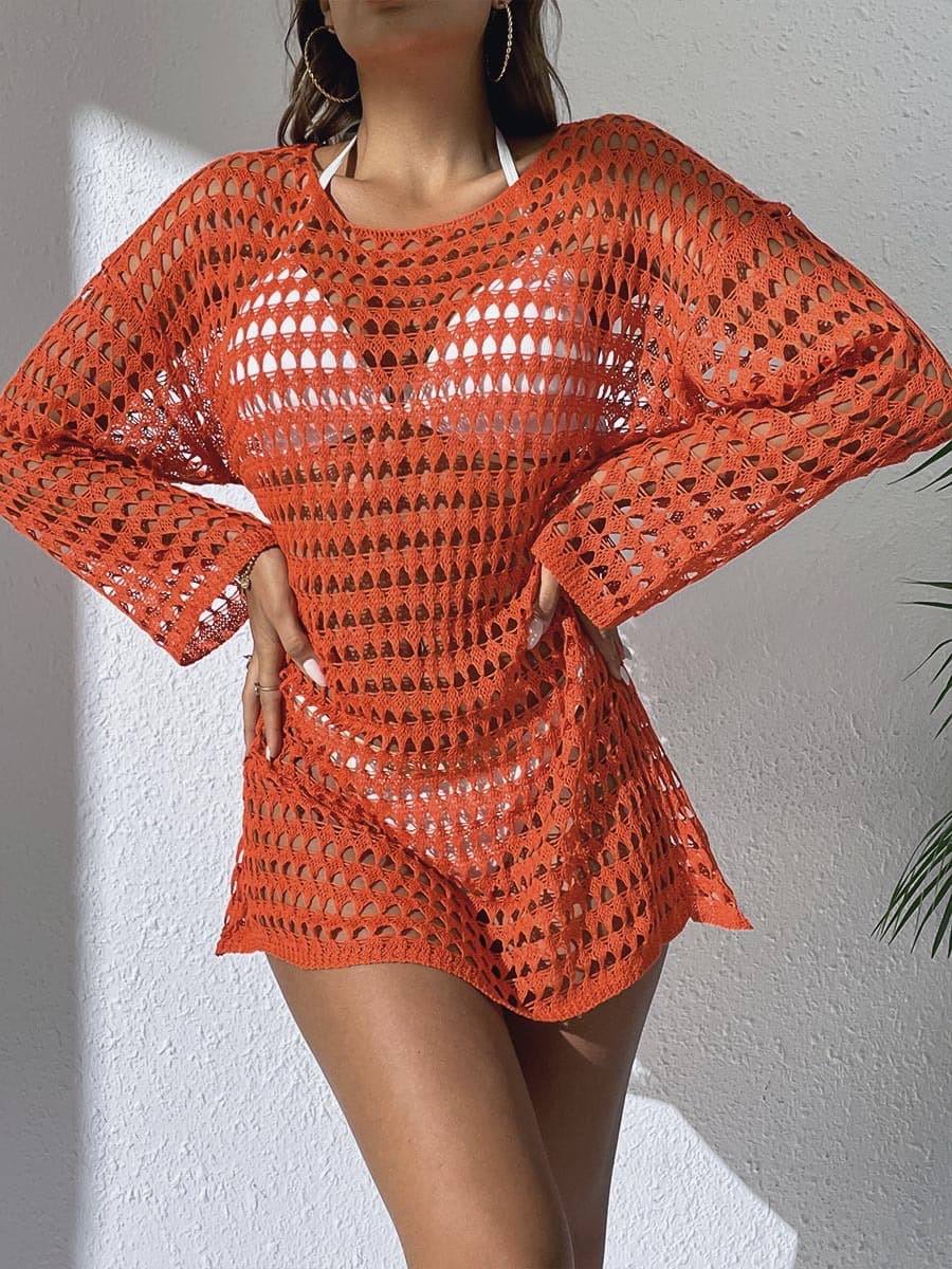 Vestido De Praia Feminino Sexy Em Tricô Com Decote Redondo Vazado.