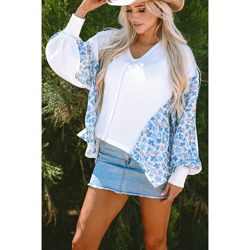 Blusa feminina de manga comprida com decote em V e estampa, 