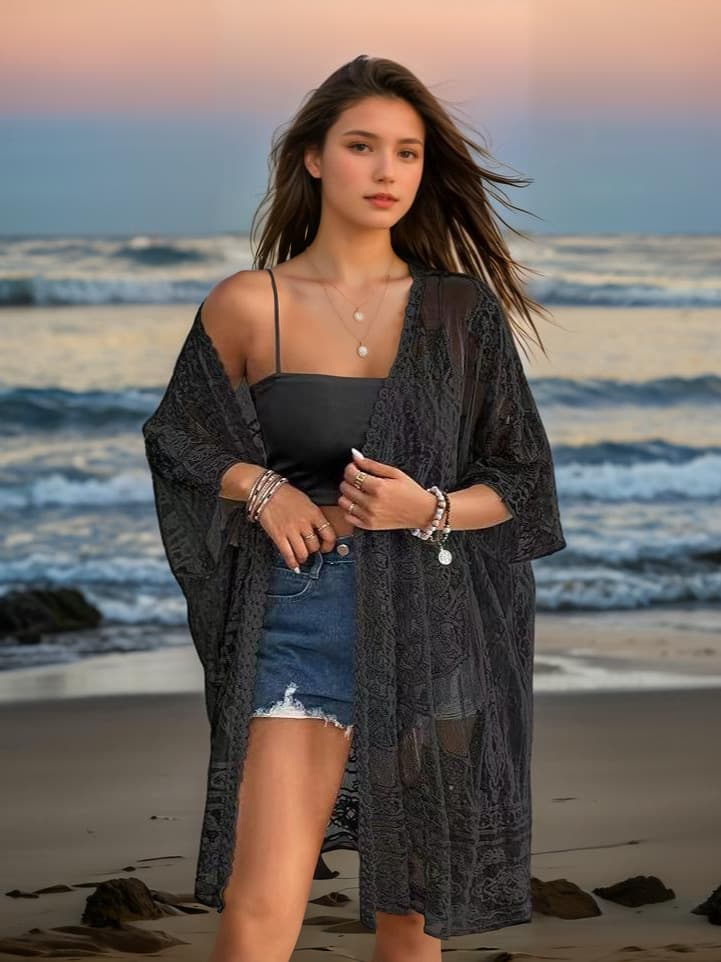 Cardigã Feminino Sexy, Transparente, Com Renda Bordada E SolúVel Em áGua.