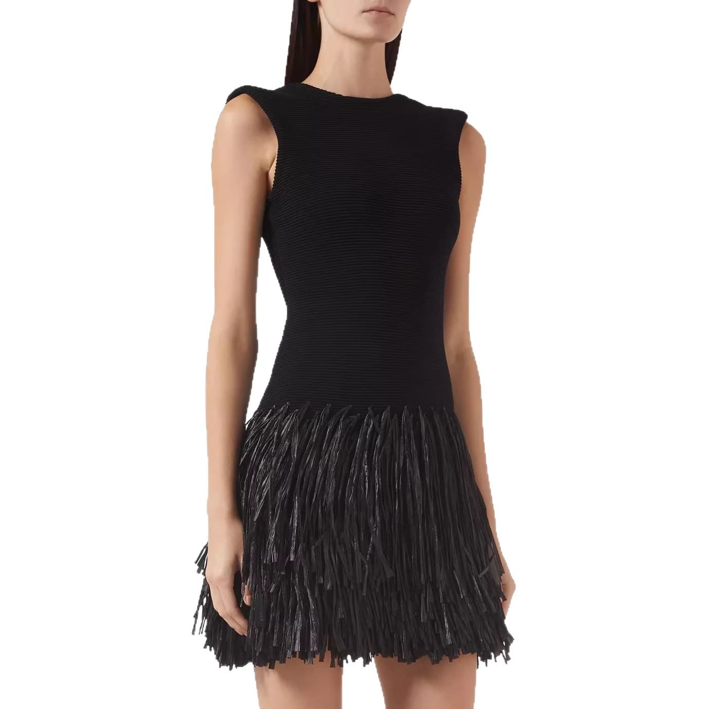 Vestido de festa elegante, sem mangas, com gola redonda e franjas nos ombros, ideal para mulheres. 5
