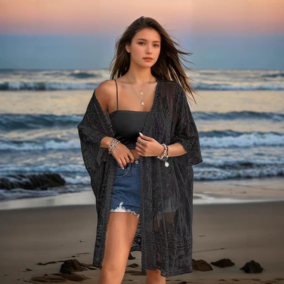 Cardigã Feminino Sexy, Transparente, Com Renda Bordada E SolúVel Em áGua.