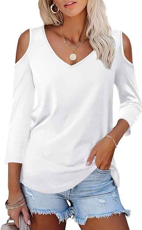 Blusa feminina de manga comprida com decote ombro a ombro, cor sólida, gola V, estilo casual formal para o verão. 2