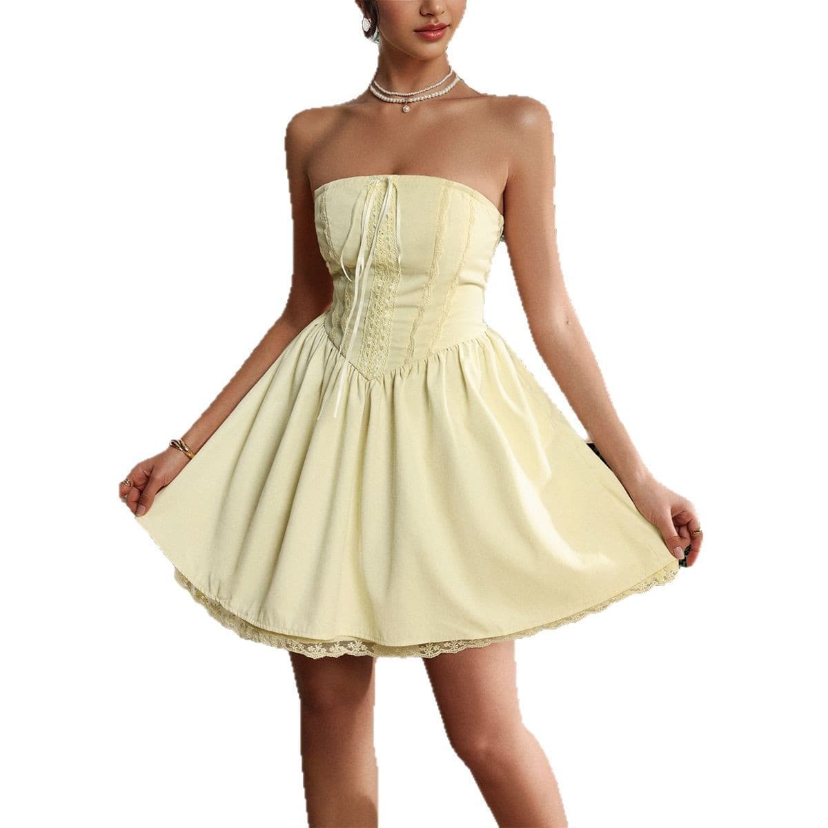 Vestido de festa tomara que caia com detalhes em renda para mulheres 3