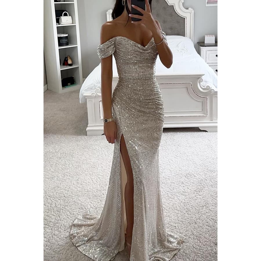 Vestido de festa com lantejoulas, decote ombro a ombro e fenda, modelo casual e elegante 9