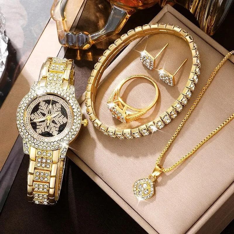 Snowflake Pattern RelóGio Luxury Full Rhinestone Joias Five-Piece Conjunto