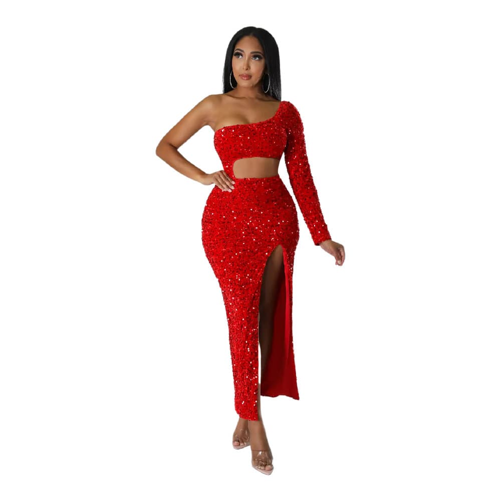 Vestido feminino sexy de um ombro só com lantejoulas, fenda no umbigo e modelagem que valoriza o quadril. 3