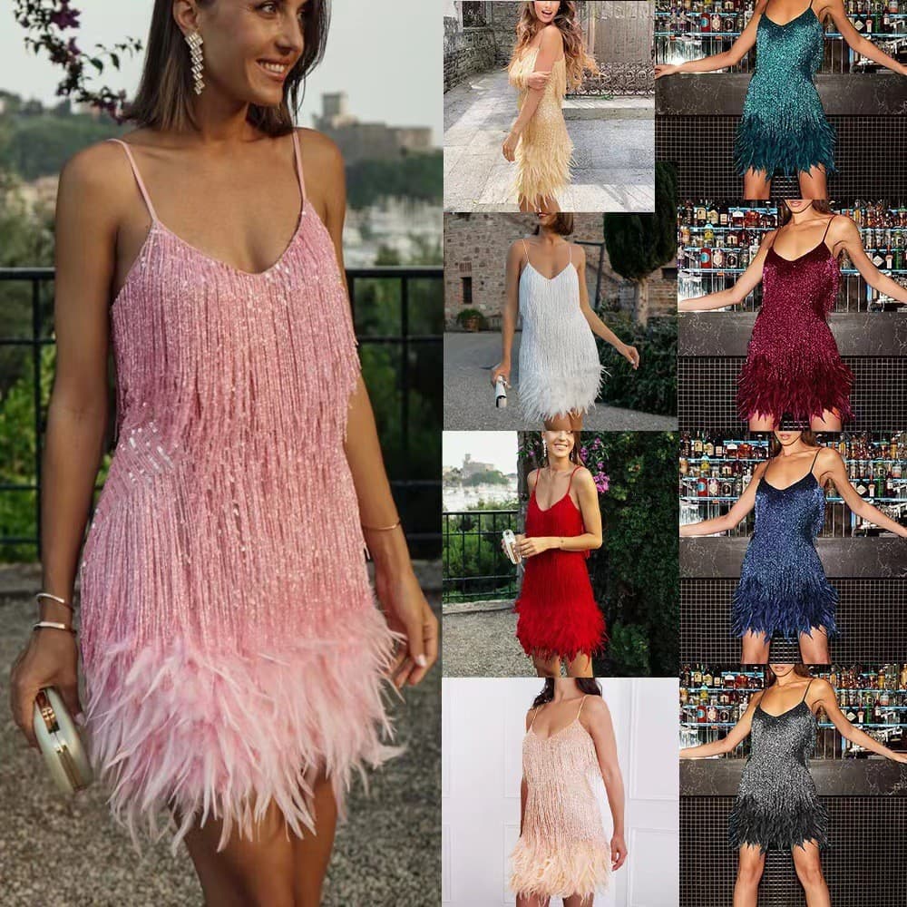 Vestido Curto De VerãO Sexy Com Franjas, Lantejoulas E Penas, Decote Em V, AlçAs Finas E Costuras. Vestido Elegante Para Festas E Baladas.