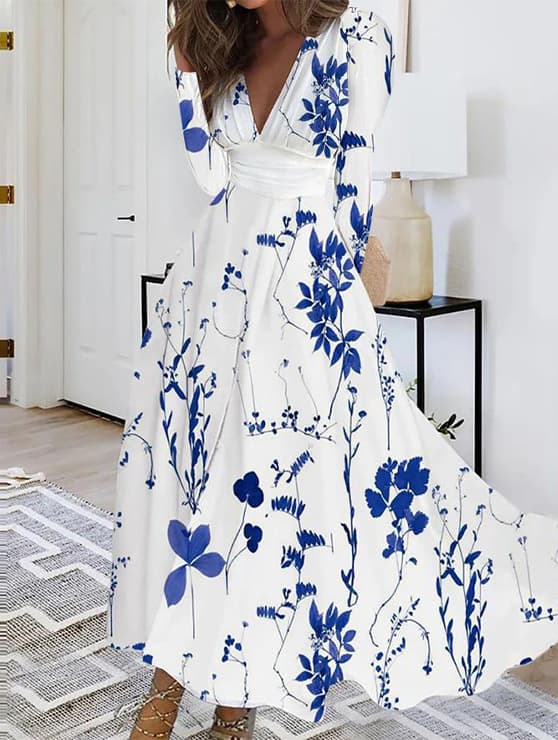 Vestido feminino estampado de manga comprida com decote em V para o outono. 8
