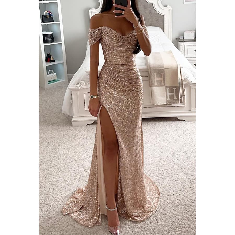 Vestido de festa com lantejoulas, decote ombro a ombro e fenda, modelo casual e elegante 5