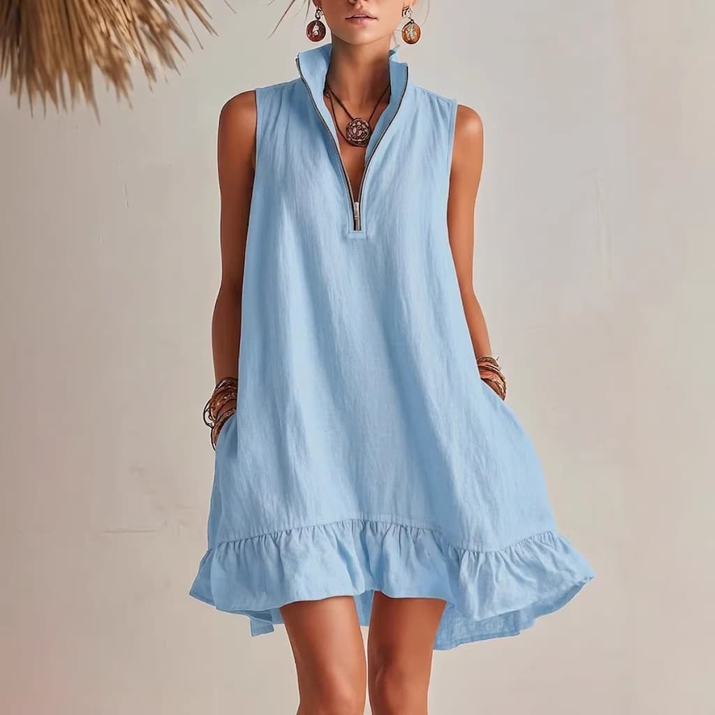 Novo Vestido Casual Elegante, Solto, Com Meio ZíPer E Sem Mangas, Com Barra Franzida.
