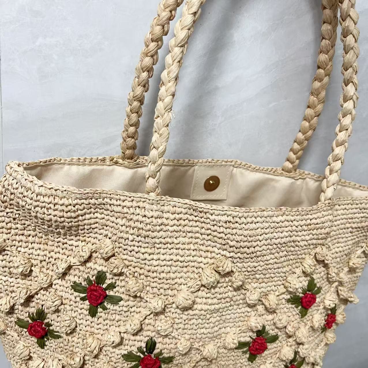 Bolsa De MãO Feminina Em RáFia Com Flor Rosa 3D 5