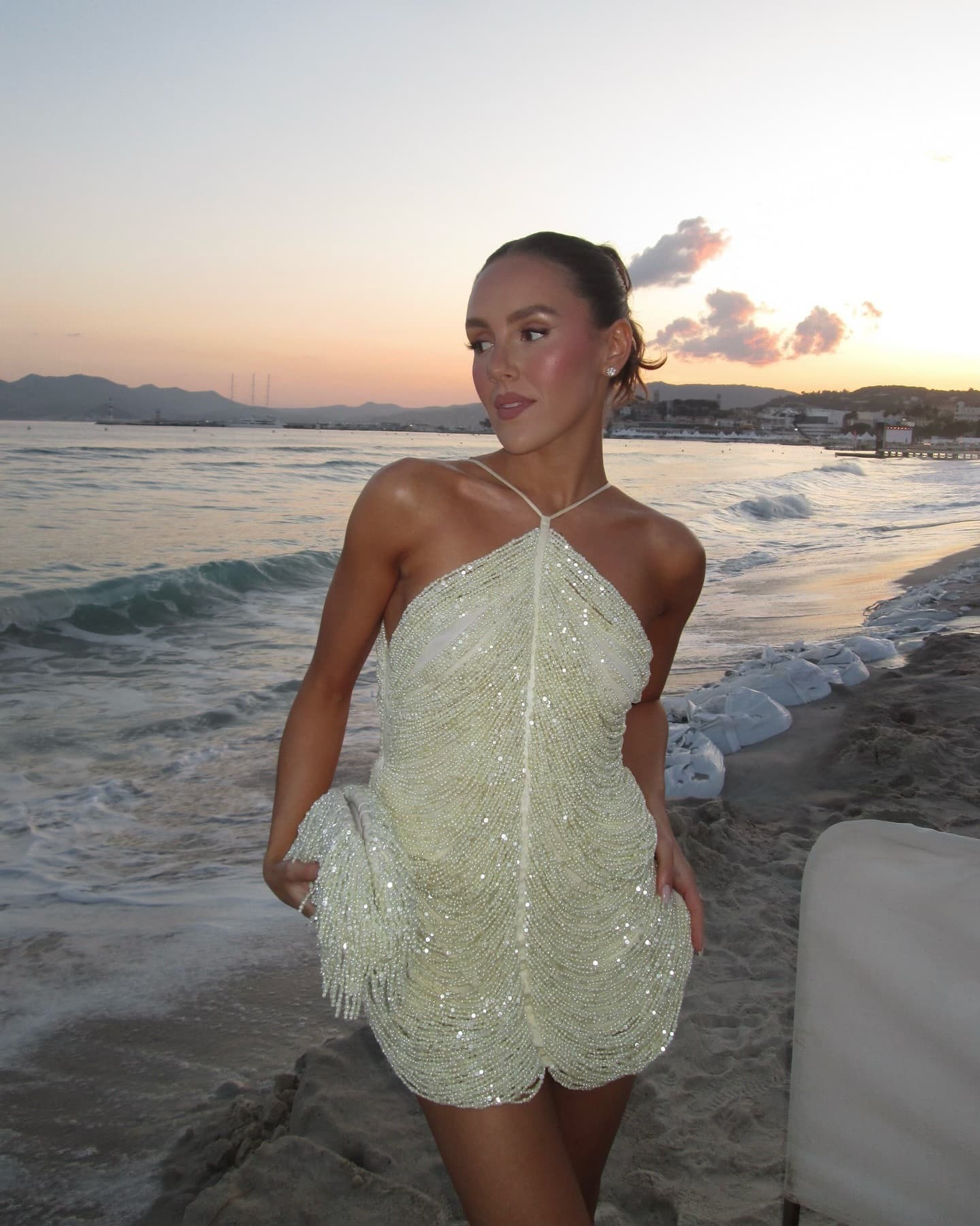 Vestido de festa com decote halter e franjas de lantejoulas para mulheres