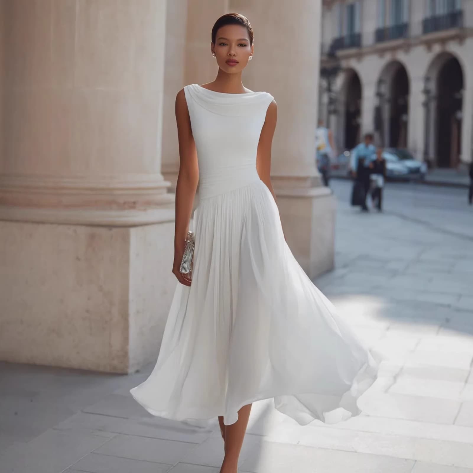 Vestido elegante e exclusivo de festa em chiffon com decote canoa para mulheres.
