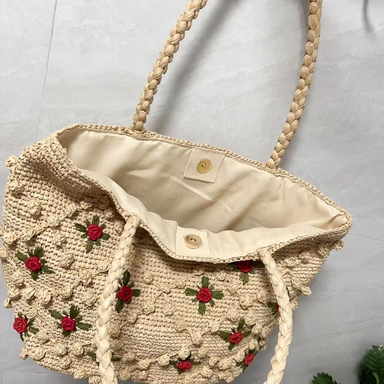 Bolsa De MãO Feminina Em RáFia Com Flor Rosa 3D 3