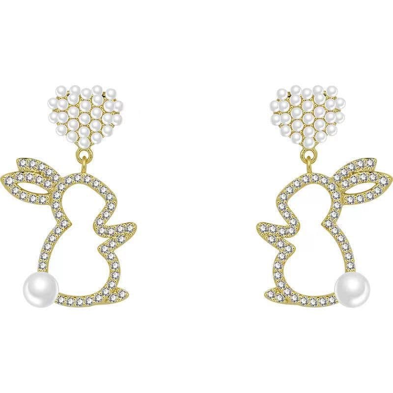 Brincos de coelho com pérolas para mulheres, brincos de alfinete prateados. 2