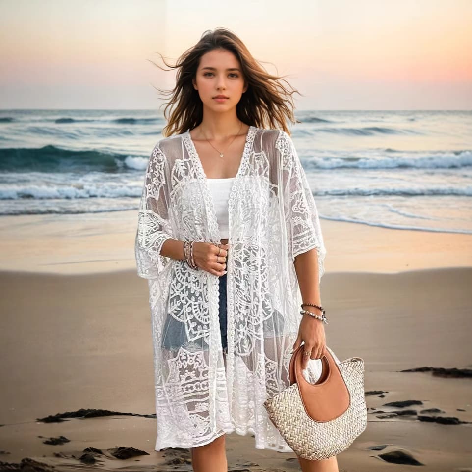Cardigã Feminino Sexy, Transparente, Com Renda Bordada E SolúVel Em áGua.
