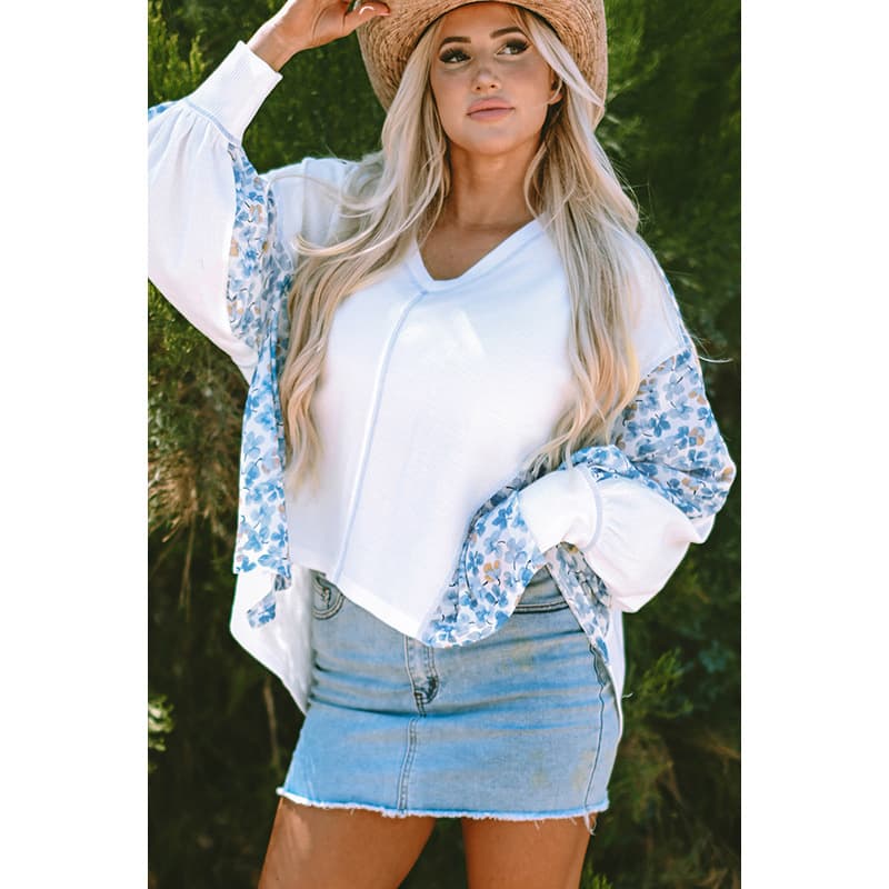Blusa feminina de manga comprida com decote em V e estampa,  6