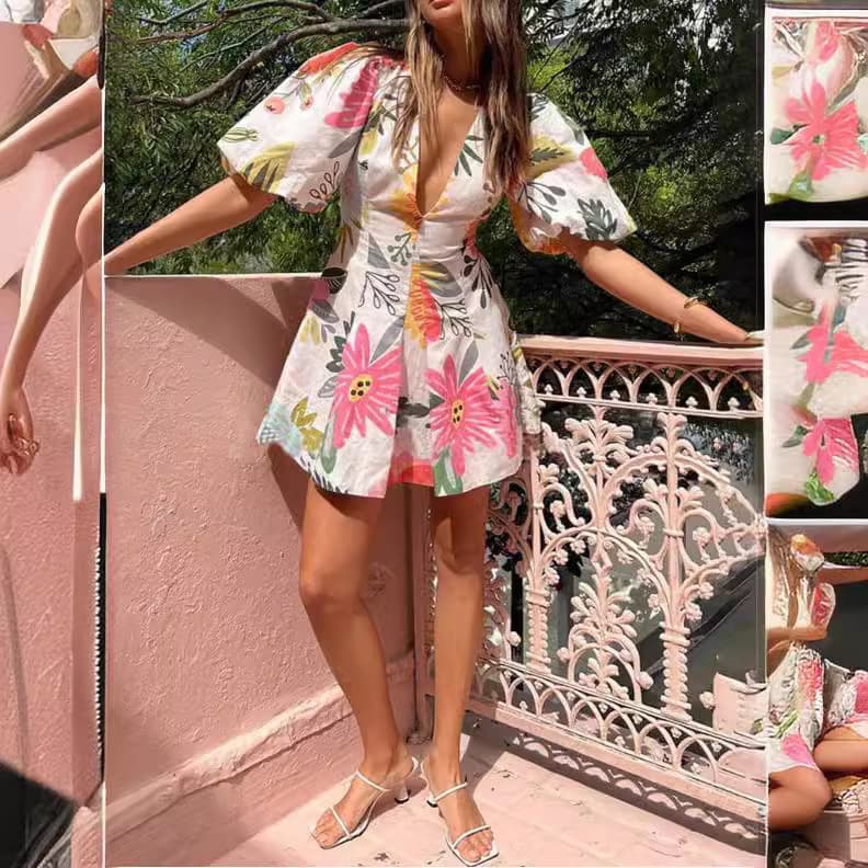 Vestido feminino de verão estampado com bolsos